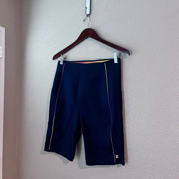 Sweaty Betty Power 9” Biker Shorts Navy Blue Rainbow Trim Pocket XL High Waist - Picture 3 of 8
